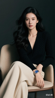 Woman with long black hair wearing a black cardigan and beige pants, sitting on a chair