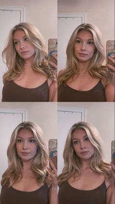 Woman with blonde hair in a brown tank top taking mirror selfies
