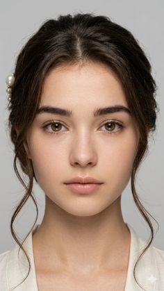 Close up portrait of a young woman with dark hair and pearl hair accessories