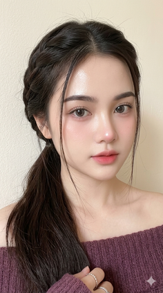 Woman with braided hair and a ponytail wearing an off-shoulder top