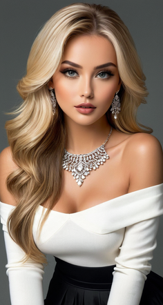 Woman with long blonde hair wearing an off-shoulder top and diamond jewelry