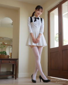 Woman in a white shirt and skirt with thigh-high socks and black heels indoors