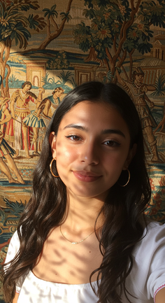 Woman with long dark hair and hoop earrings in soft, warm lighting indoors