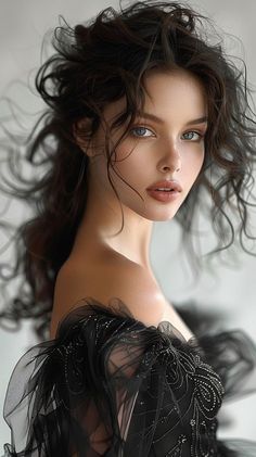 Woman with curly dark hair wearing an off-shoulder black dress