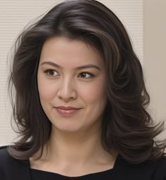 Woman with dark wavy hair and brown eyes looking to the side