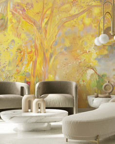 Modern living room with abstract yellow tree mural and neutral-toned furniture