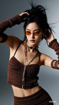 Woman in a brown crop top and sunglasses posing in a studio