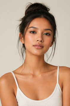 Woman with dark hair in a bun wearing a white tank top