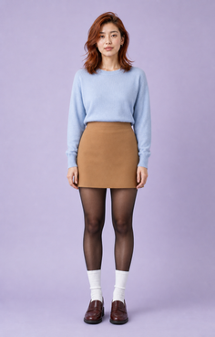Woman in a light blue sweater and brown skirt with black tights and loafers