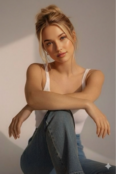 Woman with blonde hair in a messy bun wearing a white tank top and jeans
