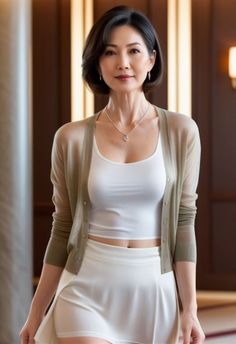 Woman with short dark hair wearing a white top and cardigan indoors