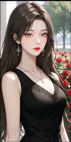 Anime style woman with long dark hair in a black dress with red roses in the background