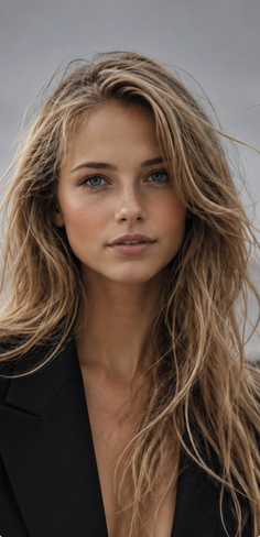 Woman with blonde hair and blue eyes wearing a black blazer