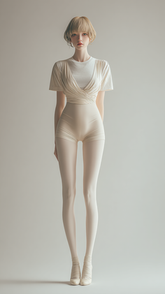 3D render of a woman with short blonde hair in a light-colored outfit