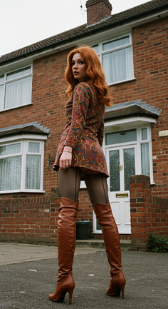 Woman with red hair in a mini dress and over the knee boots in front of a brick house