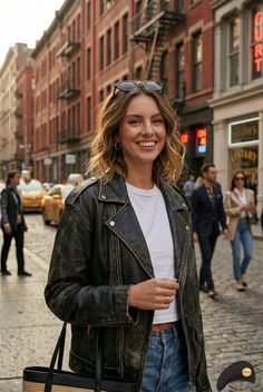 Woman in a leather jacket and jeans smiling on a city street
