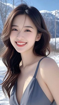 Woman with long wavy hair smiling in a blue top with snowy mountains in the background