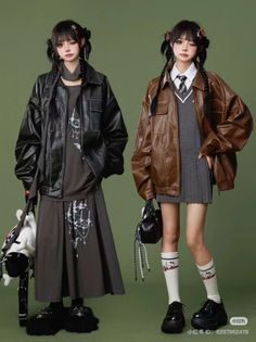 Two people in different outfits, one with a long skirt and the other in a school uniform
