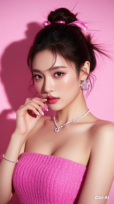 Woman in a pink strapless top with an updo hairstyle and jewelry