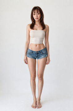 Woman with long hair wearing a tube top and denim shorts, standing barefoot