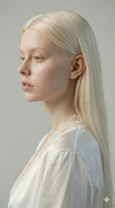 Woman with long blonde hair in a white top with lace trim, profile view