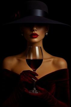 Woman in a wide brim hat and red dress holding a glass of wine