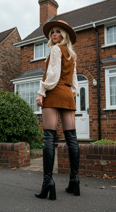 Woman in a brown hat and mini skirt with over the knee boots in front of a brick house
