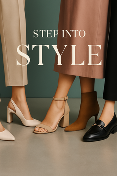 Multiple people showcasing various shoes and clothing in neutral tones