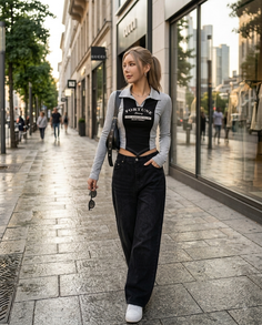 Woman in a crop top and wide leg jeans walking on a city street