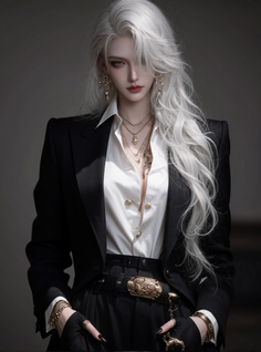 Person with long white hair in a black suit and white shirt with gold jewelry