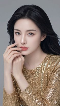 Woman with long black hair wearing a gold sequin top, hands near her face