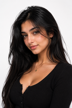 Woman with long black hair wearing a black top with cleavage