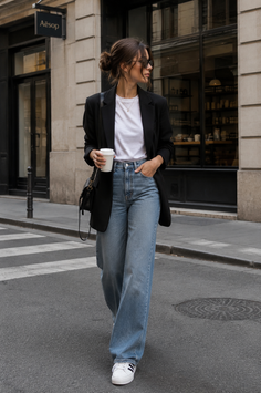 Woman in a black blazer and wide leg jeans walking on a city street