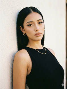 Woman with long black hair and a black top leaning against a wall