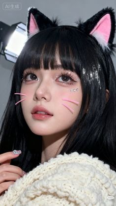 Woman with cat ears and sparkling makeup looking up