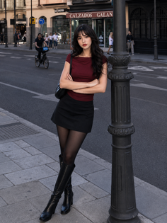 Woman with long black hair in a mini skirt and boots on a city street