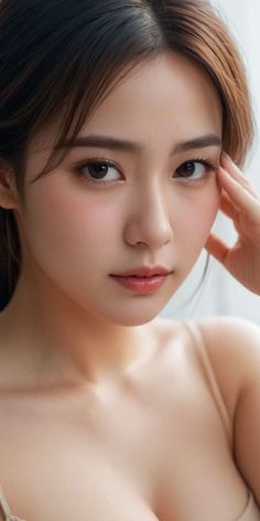 Woman with long hair and natural makeup in a soft lighting portrait