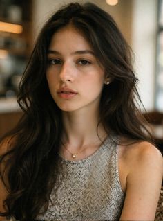 Woman with long dark hair wearing a patterned top and pearl jewelry indoors
