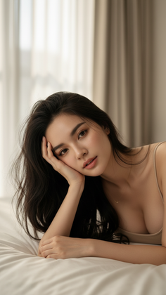 Woman with long black hair lying on a bed in a bedroom