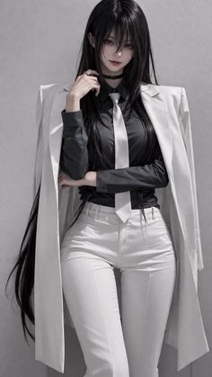 Anime style character with long black hair wearing a white suit and black shirt
