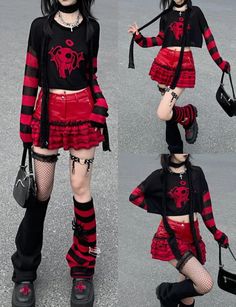 Person in a gothic red and black outfit with a mini skirt and platform shoes