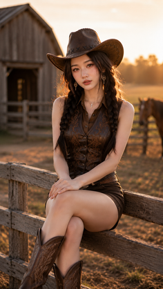 Woman in a cowboy hat and boots sitting on a wooden fence at golden hour