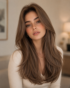 Woman with long brown hair and freckles wearing a ribbed top and gold necklace