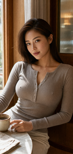 Woman with long hair in a ribbed shirt, sitting indoors with soft lighting