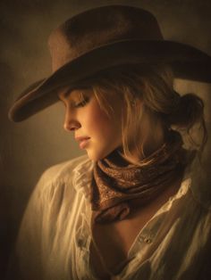 Woman in a cowboy hat and bandana with soft lighting and warm tones