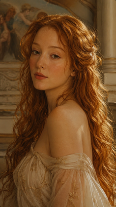 Woman with long red hair and freckles wearing an off-shoulder dress