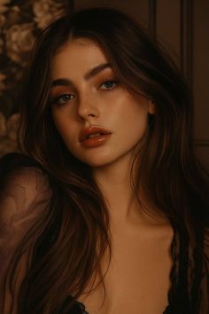 Woman with long dark hair and sheer clothing in a warm-toned portrait