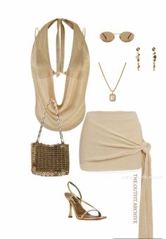 A collection of beige and gold fashion items, including a halter top and mini skirt