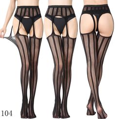 Woman modeling black striped stockings and garter belt with exposed buttocks