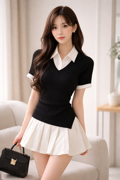 Woman with long hair in a black top and white pleated skirt holding a black handbag